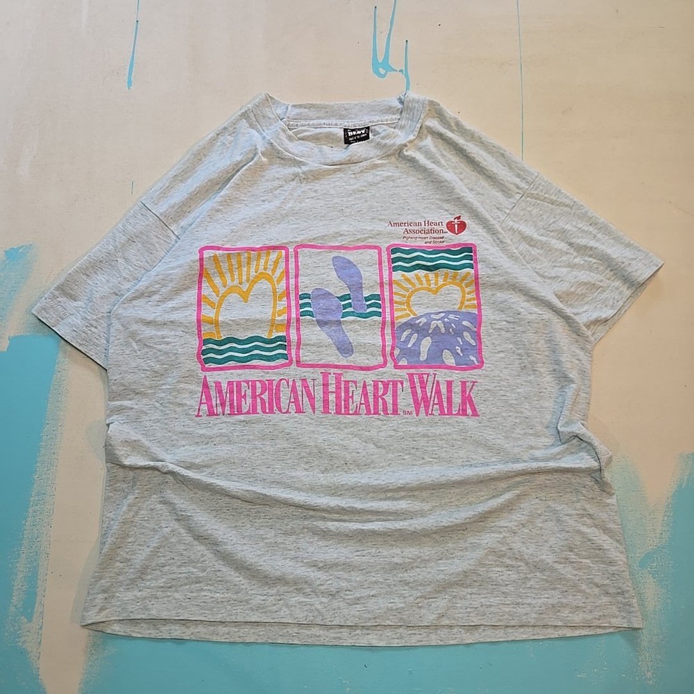 VTG XL T-shirt USA Single Stitch American Heart Walk Gray 1990s Neon FOTL Race T